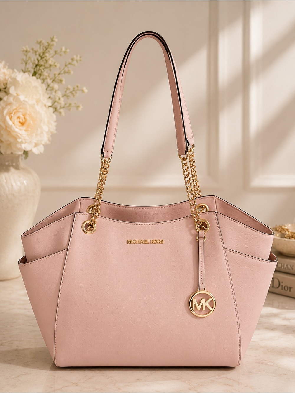 Michael Kors Blush Pink Leather Large Chain Shoulder Tote Bag Gold Hardware